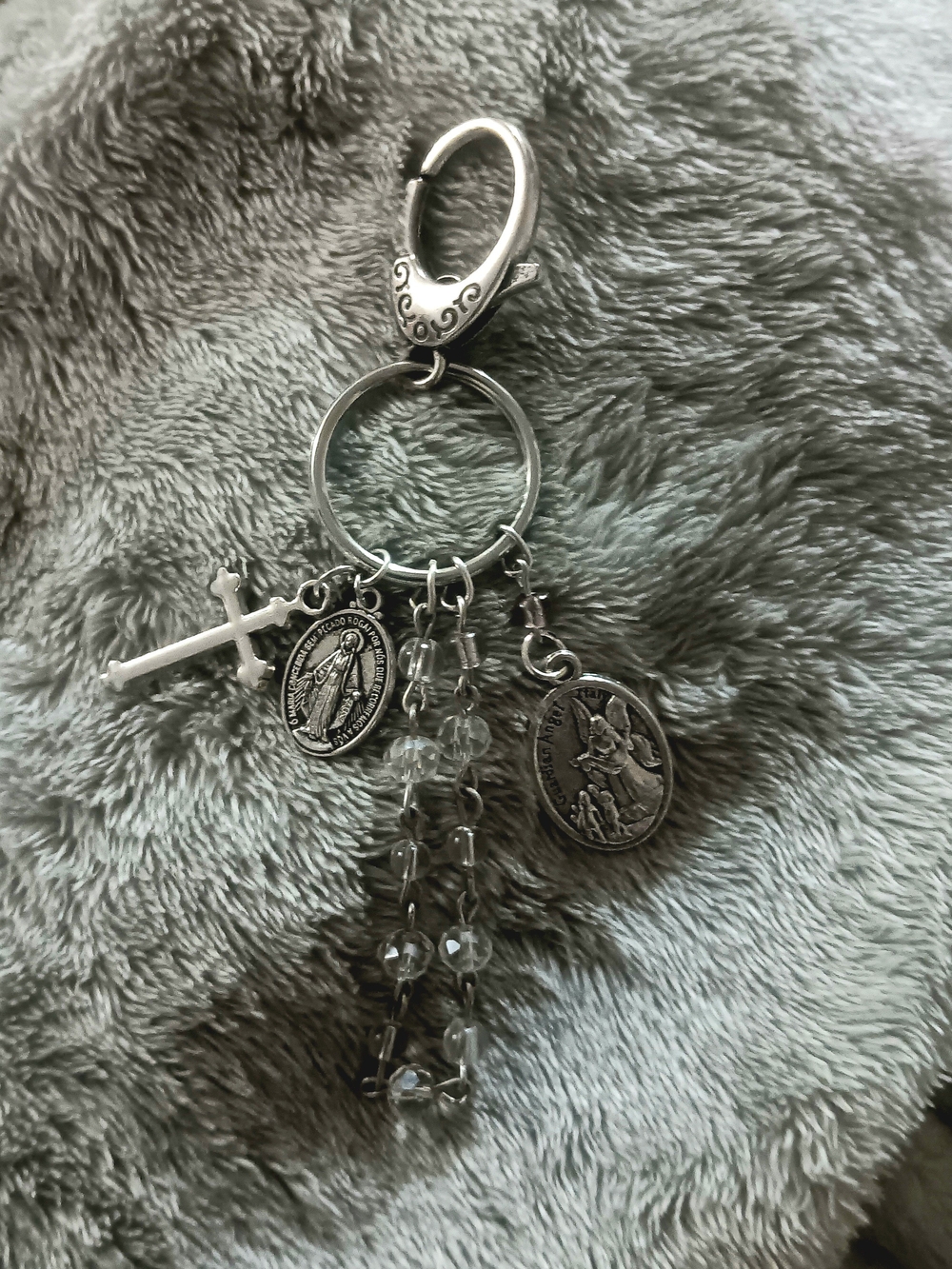 Silver Religious Charm Keychain Rosary